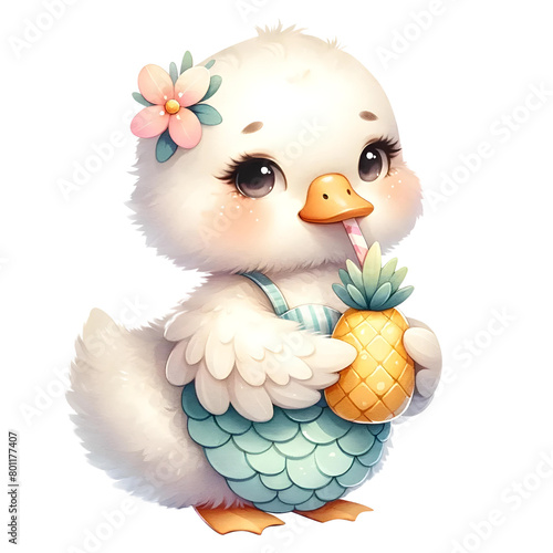 Cute little goose with pineapple in summer