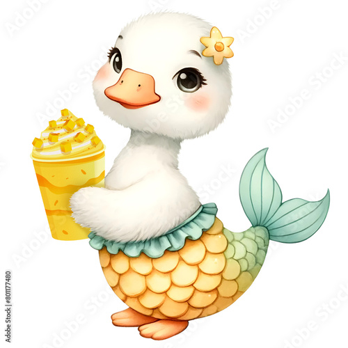 Cute little goose with pineapple in summer