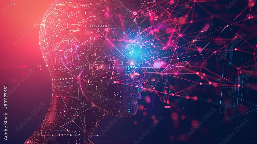 An illustration of a human head in profile, made of a glowing network ...