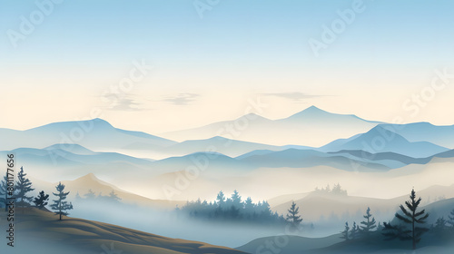 Morning Mist, Misty Valley with Juniper Trees. Realistic hills landscape. Vector background