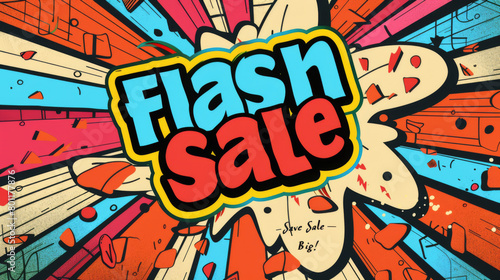 A brightly colored comic book-style illustration promoting a 'Flash Sale' with an explosive and dynamic background design.