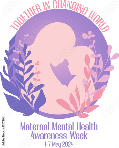 Maternal mental health awareness week theme banner with mother and baby silhouette vector illustration. Campaign support pregnant women and young mum. Family help. Design for card and social media.