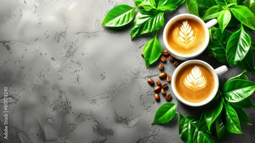   Two cups of cappuccino on a table against a gray backdrop, surrounded by coffee beans and lush green leaves photo