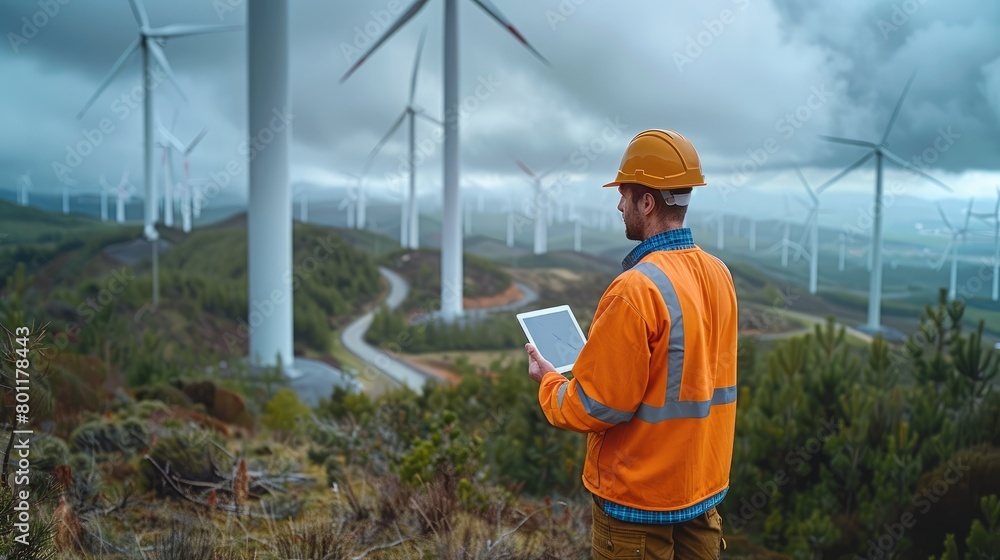 An engineer inspects wind turbines using a tablet computer. Generative AI. An engineer inspects wind turbines using a tablet computer. Generative AI.