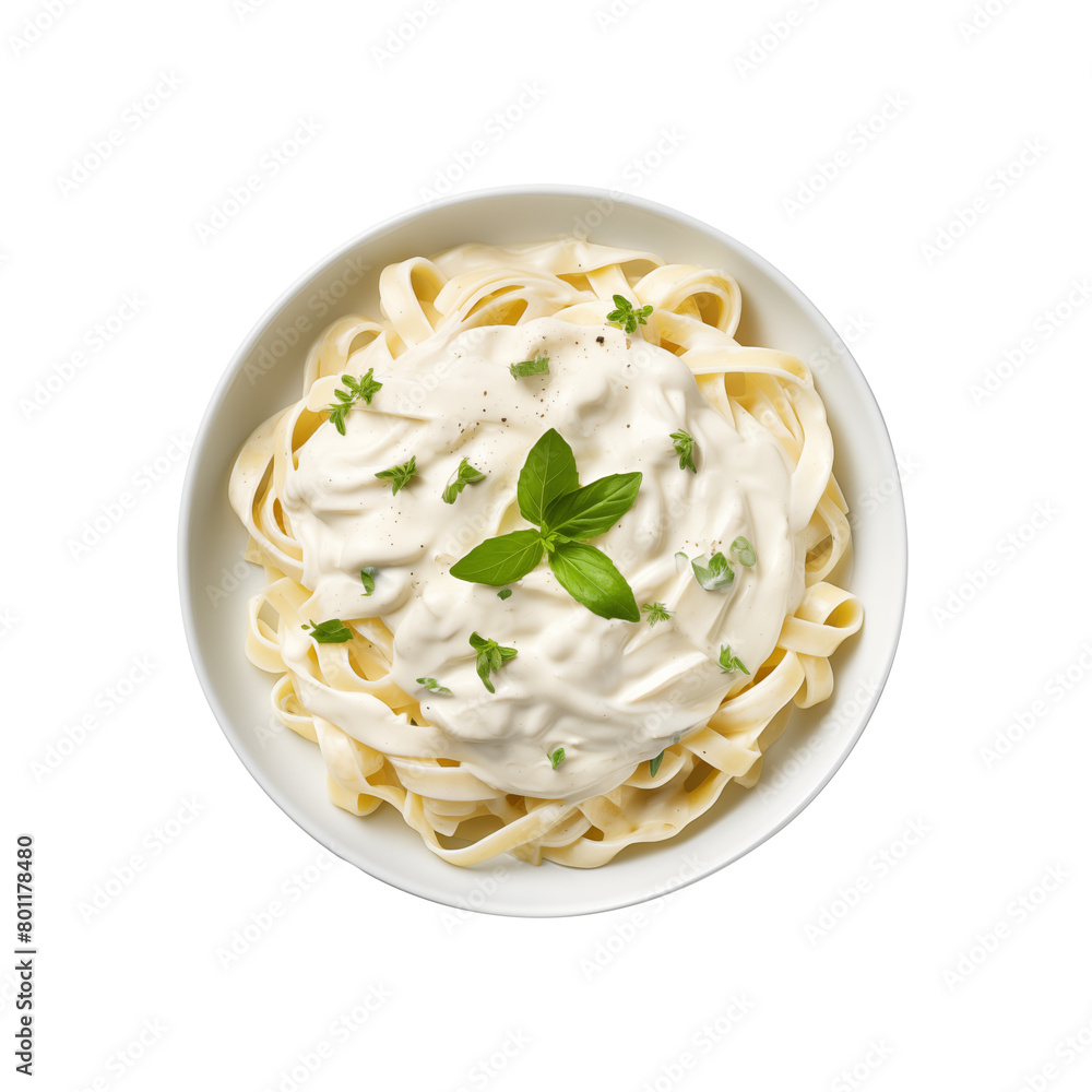 Creamy Alfredo fettuccine pasta topped with fresh herbs, served on a white plate, isolated on a transparent background. Generative AI Creamy Alfredo fettuccine pasta topped with fresh herbs, served on a white plate, isolated on a transparent background. Generative AI