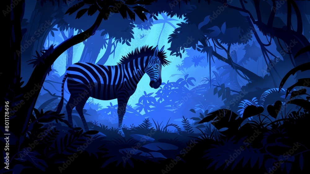 Fototapeta premium A zebra stands amidst a jungle, trees and plants flanking its faces on either side