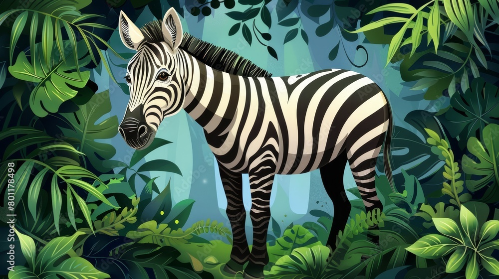 Fototapeta premium A zebra stands amidst a lush jungle, surrounded by emerald-green foliage Above, a tranquil blue sky unfolds