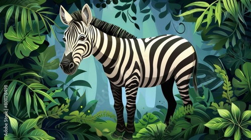   A zebra stands amidst a lush jungle  surrounded by emerald-green foliage Above  a tranquil blue sky unfolds