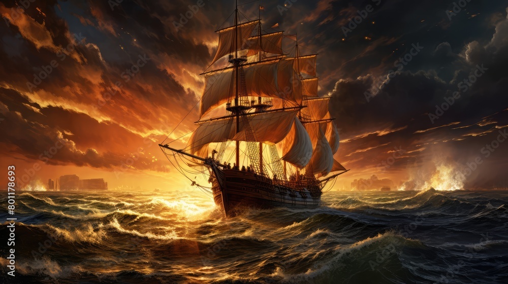 Obraz premium sailing ship at sunset