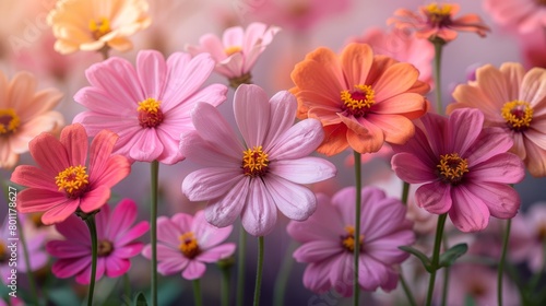   A tight shot of a flower cluster  featuring pink  orange  and yellow blooms at its core