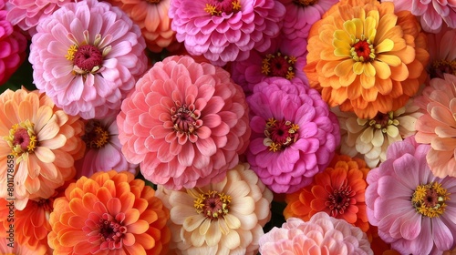   A tight shot of numerous blooms with predominantly pink  orange  and yellow flowers in the backdrop