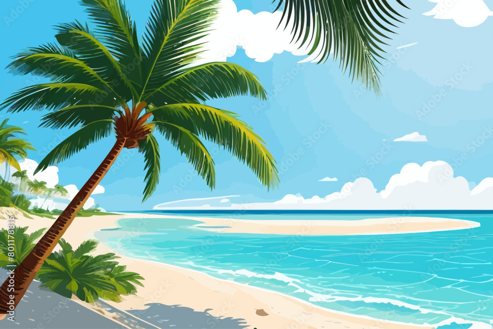 calm sea beach palms cartoon illustration 