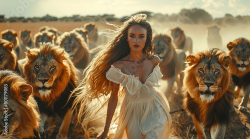Beautiful and free-spirited woman dancing with lions. Generative AI. photo