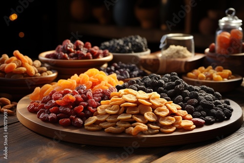 Set of dried fruits on a wooden table © Luminophoria