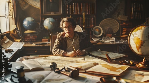 The picture of the cartographer working inside the workshop doing about mapping the map of the world on table, topography need skills like map reading, data analysis and accurate information. AIG43. photo