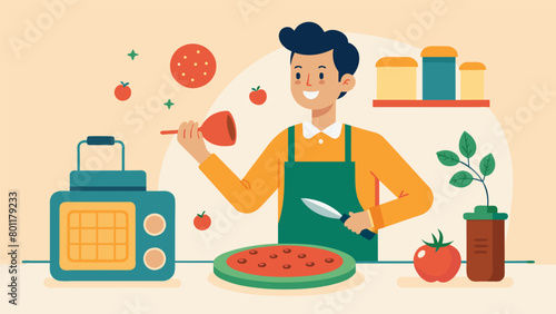 With the radio playing in the background a man mixes together a batch of homemade pizza sauce using fresh tomatoes garlic and herbs before generously.