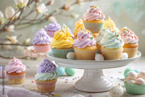 Close-up of delightful display of cupcakes with colorful frosting and sprinkles, arranged on a tiered cake stand, pastel colors