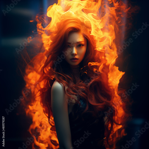 Flaming beauty asian woman set against a black background. Supernatural woman on fire. Fiery long hair. Walking trough the fire. Also related to: Authoritative, Unrelenting, Unshakeable, Exemplary