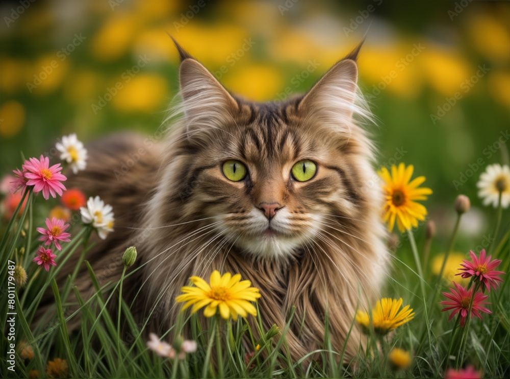 Beautiful tabby Maine Coon cat lying on a meadow with daisies