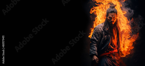 Flaming handsome tough asian man set against a black background. Supernatural man on fire. Fiery long hair. Walking trough the fire. Also related to: Ember, Blaze, Ashfall, Unstoppable, Dominant