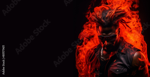 Flaming handsome tough African american man of color set against a black background. Supernatural man on fire. Walking trough the fire. Also related to: Incandescence, Fiery, Hot, Infernal, Radiant