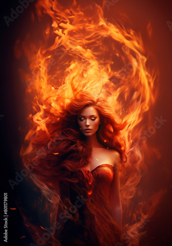 Flaming beauty woman set against a black background. Supernatural woman on fire. Fiery long hair. Walking trough the fire. Also related to: Unmatched, Sovereign, Unparalleled, Unconquerable