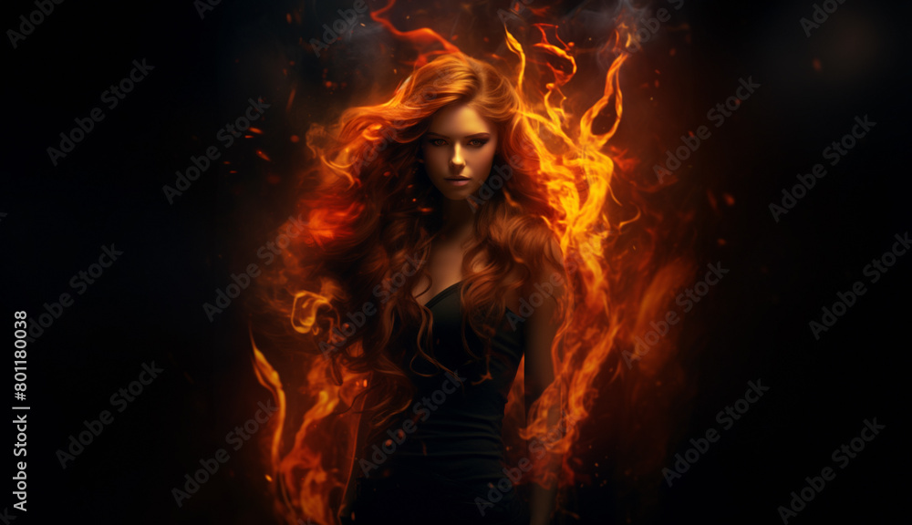 Fototapeta premium Flaming beauty woman set against a black background. Supernatural woman on fire. Fiery long hair. Walking trough the fire. Also related to: Pyrotechnic, Searing, Inferno, Ashen, Blaze, Kindle, Consume