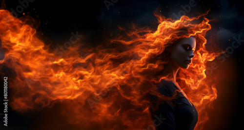 Flaming beauty woman set against a black background. Supernatural woman on fire. Fiery long hair. Walking trough the fire. Also related to: torrid, Incendiary, Firebrand, Cremate, Pyromania