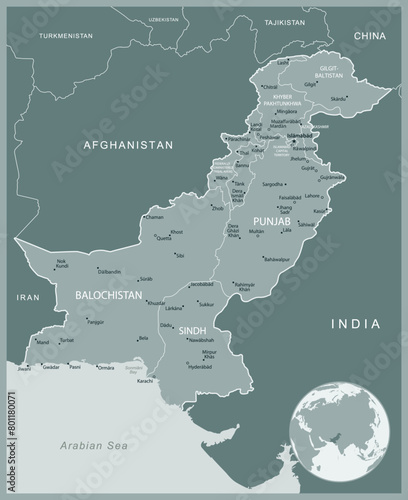 Pakistan - detailed map with administrative divisions country. Vector illustration