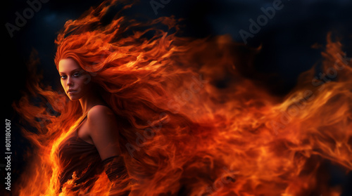 Flaming beauty woman set against a black background. Supernatural woman on fire. Fiery long hair. Walking trough the fire. Also related to: Burnout, Flammable, Charcoal, Combustible, Smolder
