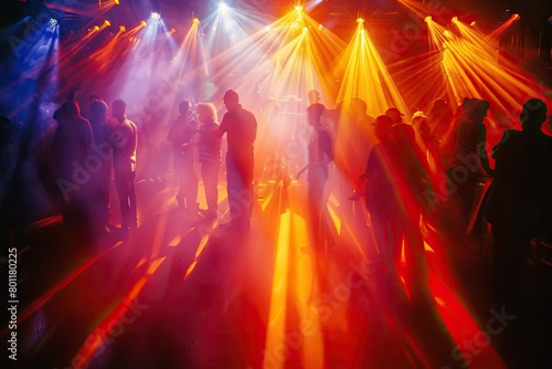 Purple disco balls glow in the club as people enjoy live music and dancing