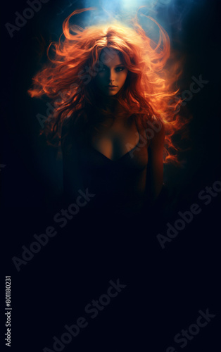Flaming beauty woman set against a black background. Supernatural woman on fire. Fiery long hair. Walking trough the fire. Also related to: Danger, Adventure, Courage, Peril, Thrill, Intensity