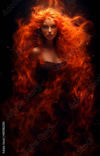 Flaming beauty woman set against a black background. Supernatural woman on fire. Fiery long hair. Walking trough the fire. Also related to: Chaos, Transformation, Rebirth, Renewal, Creativity