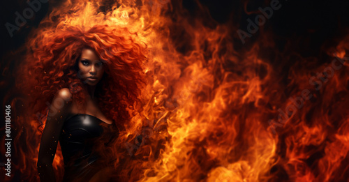 Flaming beauty african american woman of color. Supernatural woman on fire. Fiery long hair. Walking trough the fire. Ethnic woman. Also related to: Fearless, Relentless, Unflinching, Unrivaled