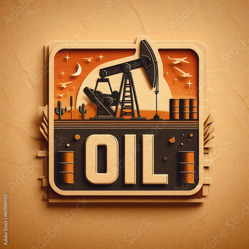 wrinkled paper style illustration of oil excavator machine digging into earth, oil industry, environmental problems, non-renewable energy source