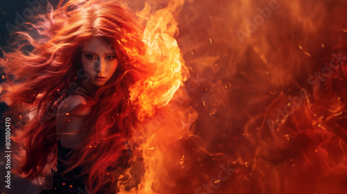 Flaming beauty asian woman set against a black background. Supernatural woman on fire. Fiery long hair. Walking trough the fire. Also related to: Authoritative, Unrelenting, Unshakeable, Exemplary