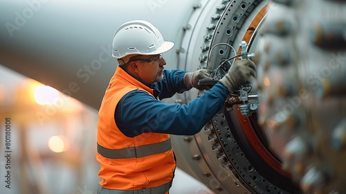 An engineer repairing the blade of a wind turbine. The focus should be on the engineer's hands and tools as they work on the intricate mechanics of the turbine blade. Generative AI.