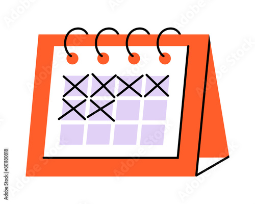 Hand drawn cute illustration of calendar with strikethrough dates. Flat vector timetable or schedule page in colored doodle style. Planning or time management icon. Event deadline. Isolated on white.