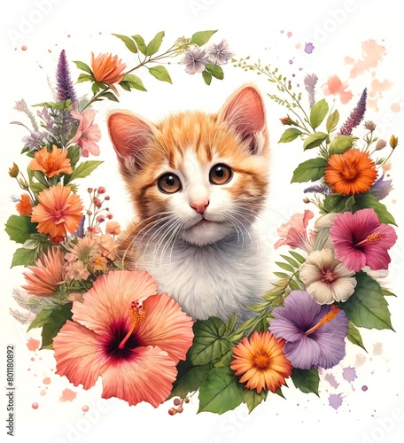 Watercolor painting of a Kitten and Flowers
