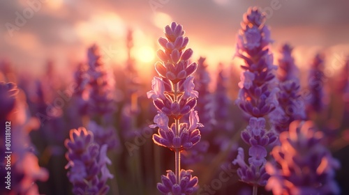 A close-up image of lavender flowers in a field at sunset.