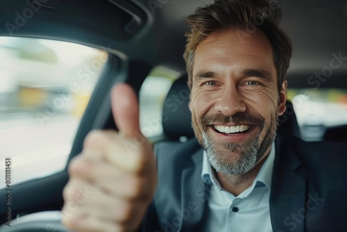 Successful businessman driving luxury car, smiling and giving thumbs up, close up view © Andrei