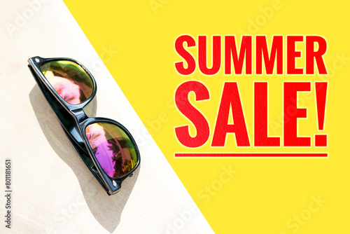 Summer concept background of design sunglasses with summer sale banner on yellow background, beauty and fashion concept, summer promotion poster idea