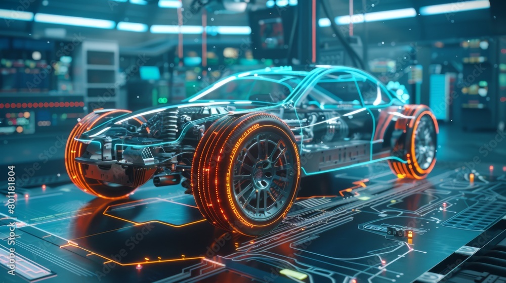 EV electric car system or futuristic automotive technology with connecting power control. super computer in modern machine. artificial intelligence development EV electric car system or futuristic automotive technology with connecting power control. super computer in modern machine. artificial intelligence development