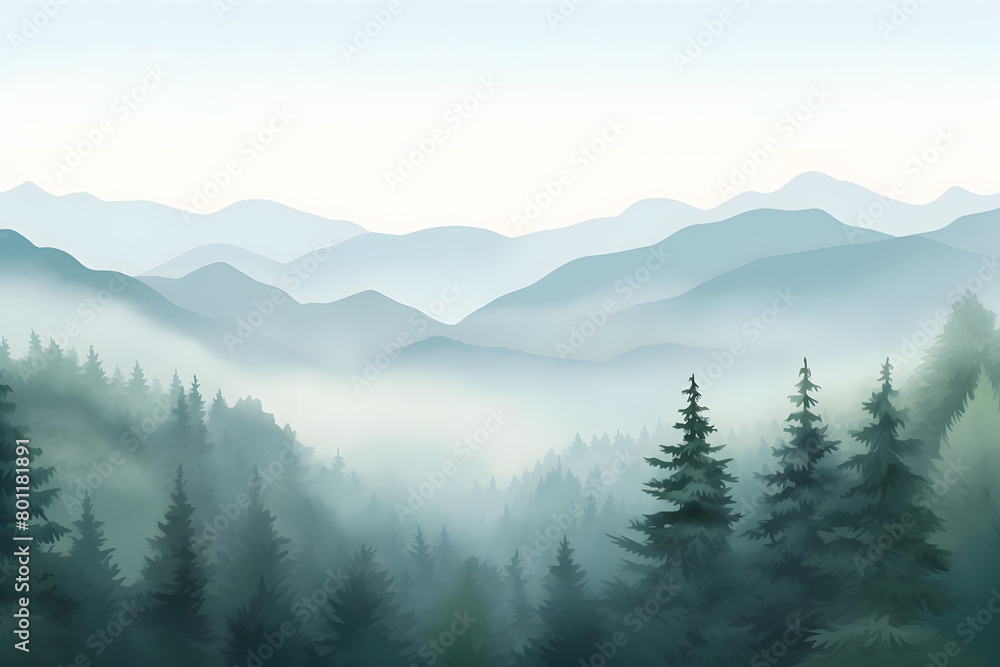 Misty Morning, Foggy Hills with Hemlock Trees. Realistic hills landscape. Vector background