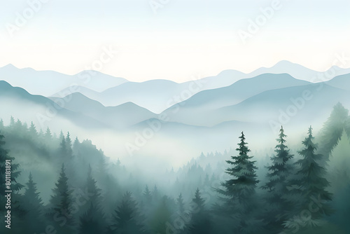 Misty Morning, Foggy Hills with Hemlock Trees. Realistic hills landscape. Vector background © Niko