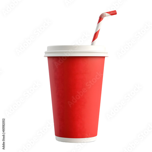 Red paper cup with straw isolated on transparent background Generative Ai.