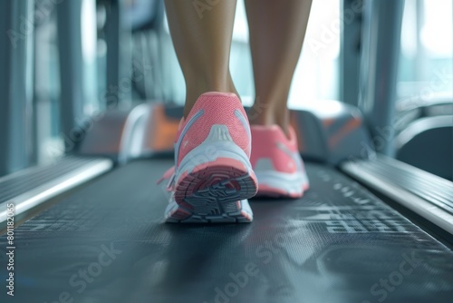 Woman athlete walking or active running in a fitness center. Close-up of her legs, cardio workout on the treadmill.