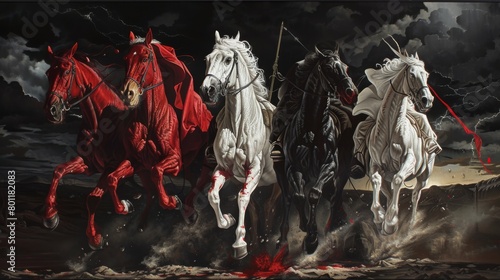 Four Horsemen of the Apocalypse - white for conquest, red for war, black for pestilence or famine, and pale for death - black background - desert landscape photo