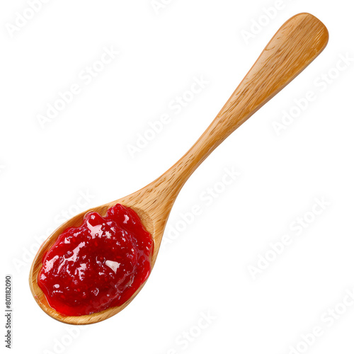 Spoon wooden of raspberry jam isolated on transparent background Generative Ai.