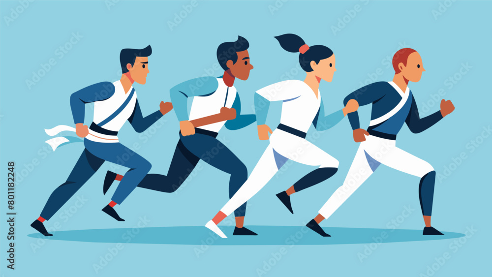 Fototapeta premium A group of martial artists jogging in place gradually increasing their speed and intensity to raise their heart rate and warm up their bodies.